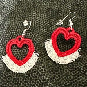 Embroidered Freestanding Lace Red Heart Fringe Earrings